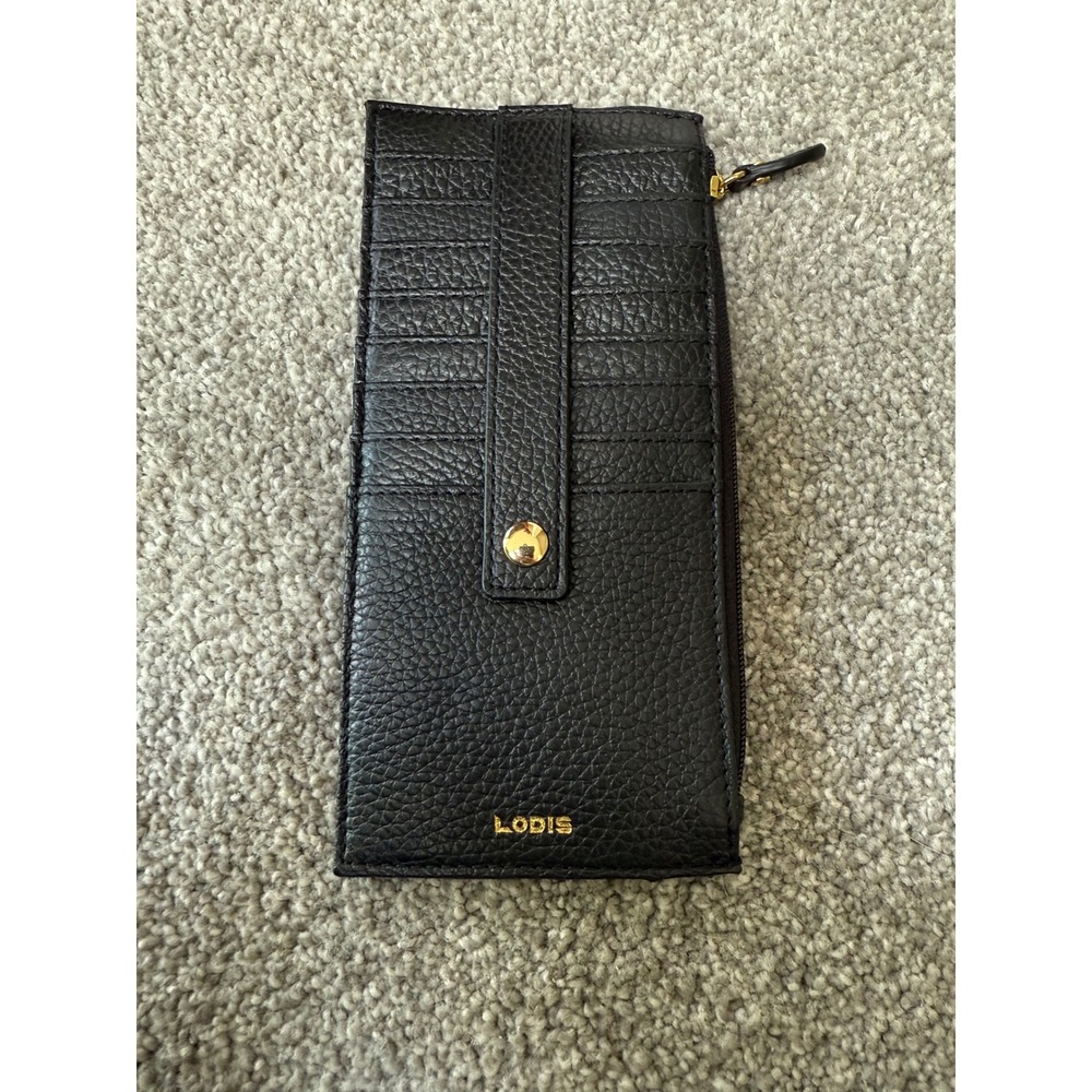 Lodis Black Pebbled Leather Slim Card Case Wallet Zip Pouch Gold Hardware